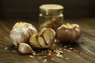 Close-up of eggs in jar on table