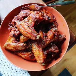 High angle view of food in plate on table