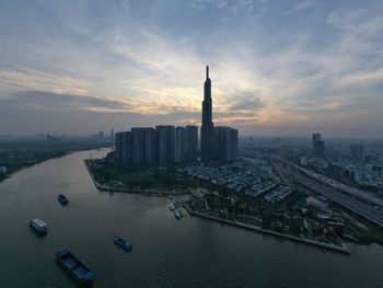 High angle view of ho chi minh city buildings during sunset