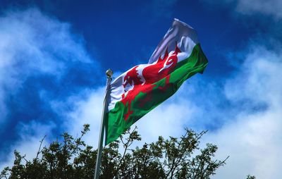 Low angle view of flag against blue sky