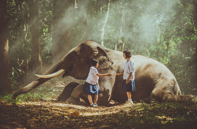 Schoolgirls giving handshake by elephant in forest