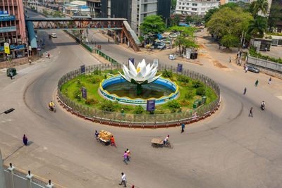 High angle view of people on road in city