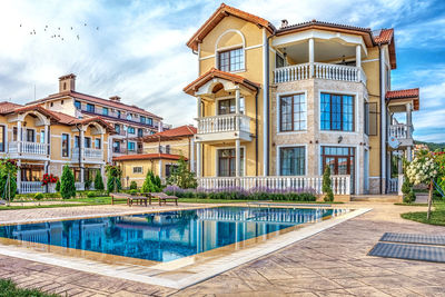 Exterior of beautiful house with pool