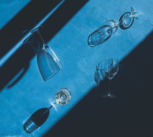 High angle view of wineglasses on table