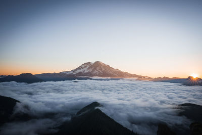 Scenic view of snowcapped mountains against clear sky during sunset