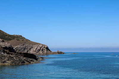 Scenic view of sea against clear blue sky