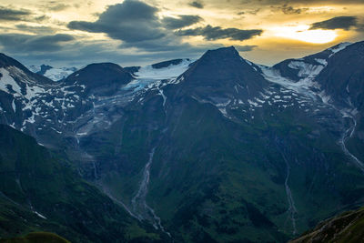 Aerial view of snowcapped mountains against sky