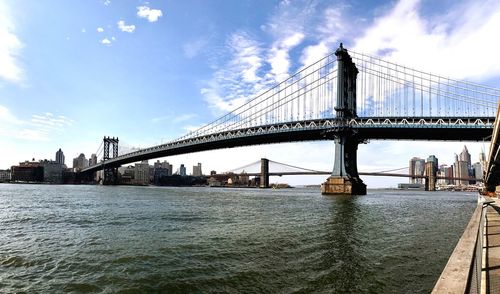 View of suspension bridge against cloudy sky