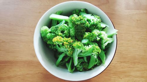 High angle view of salad in bowl on table