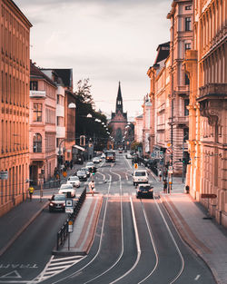 Sunlit view of city street in brno, czech republic at sunset 