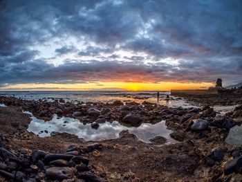 Scenic view of beach against dramatic sky