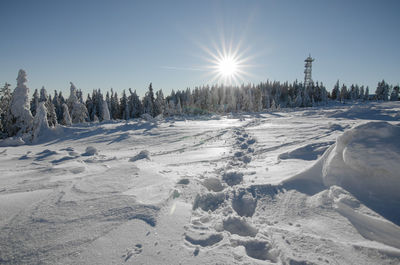 Scenic view of snow covered landscape against bright sun