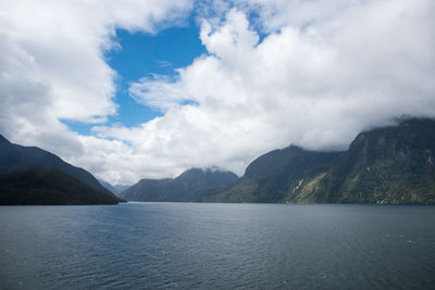 Scenic view of sea and mountains against sky