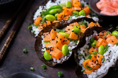 Close-up of food in plate on table