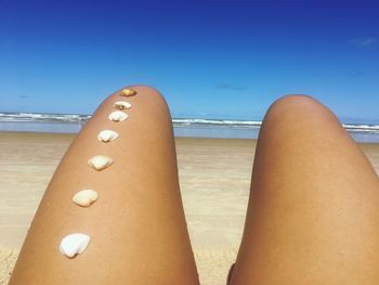 Midsection of woman with seashells on beach against blue sky