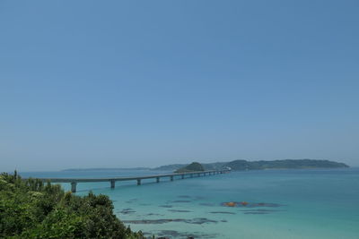 Scenic view of bay against clear blue sky