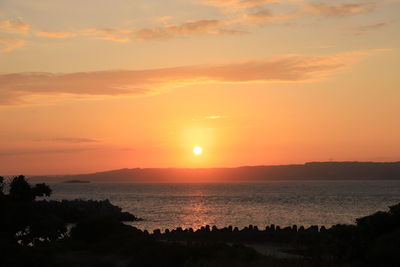 Scenic view of sea against romantic sky at sunset