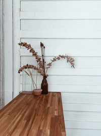 Potted plant on table against wall