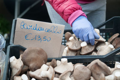 Midsection of woman holding food by price tag for sale at market stall