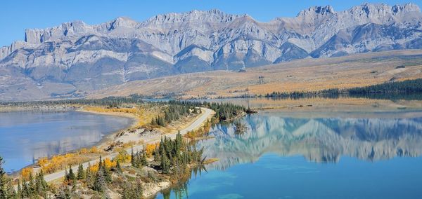 Scenic view of lake and mountains against sky