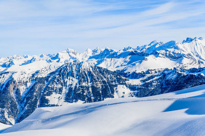 Scenic view of snowcapped mountains against sky