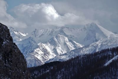 Scenic view of snowcapped mountains against sky