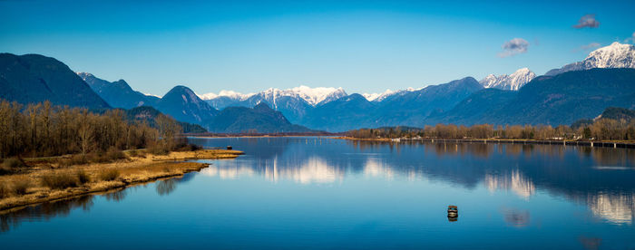 Panoramic view of lake by mountains against blue sky