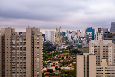 High angle view of buildings in city against sky