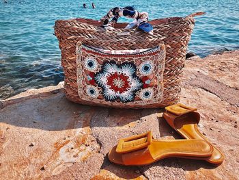 High angle view of shoes on beach