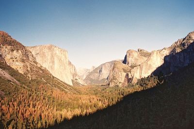 Panoramic view of mountains against clear sky