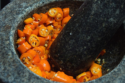 High angle view of bell peppers in container