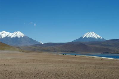 Scenic view of snowcapped mountains against clear blue sky