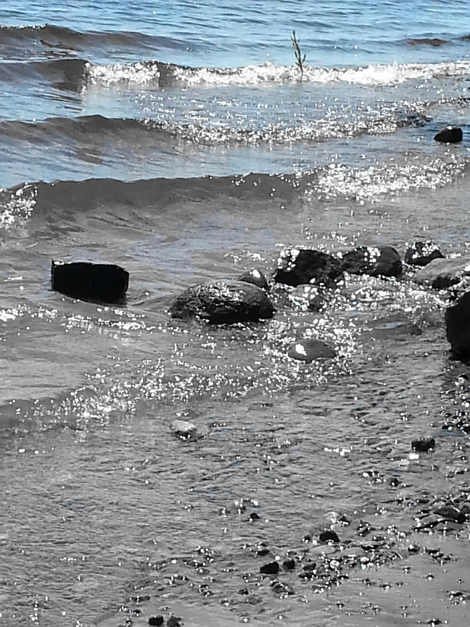 water, sea, beach, shore, wave, high angle view, surf, tranquility, nature, sand, beauty in nature, horizon over water, rippled, scenics, tranquil scene, rock - object, outdoors, coastline, sunlight, day