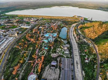 High angle view of road amidst buildings in city