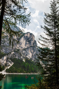 Scenic view of lake by trees against sky