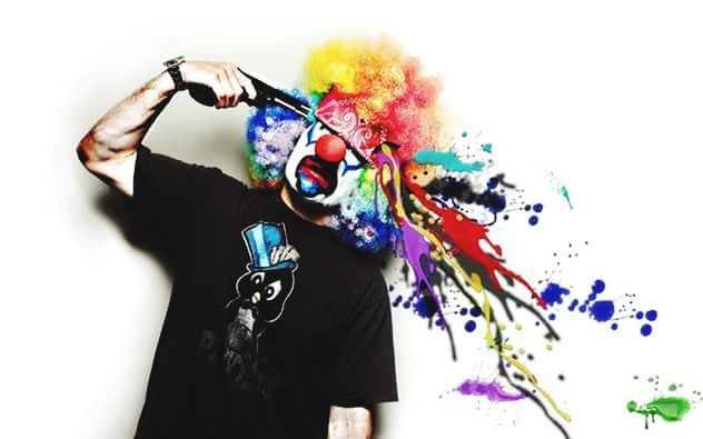 multi colored, paint, white background, one person, costume, creativity, indoors, portrait, men, face paint, studio shot, males, adult, wig, clown, body paint, emotion, bizarre