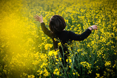 Silhouette child rear viewstanding amidst yellow flowering plant on field