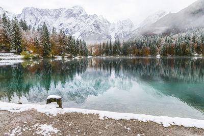 Scenic view of lake by snowcapped mountains during winter