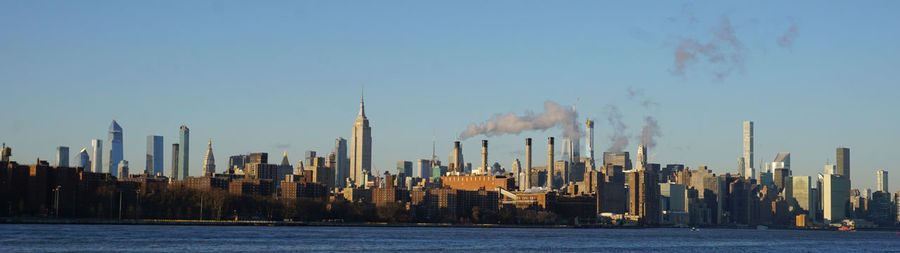 Panoramic view of city buildings against clear sky