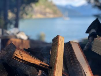 Close-up of wooden log against sea