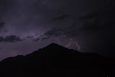 Low angle view of silhouette mountain against sky at night