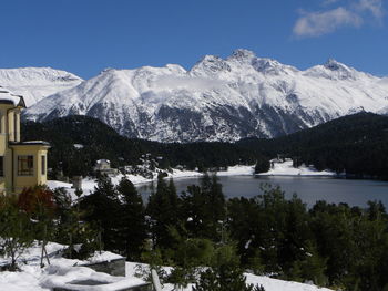 Scenic view of snow covered mountains against sky