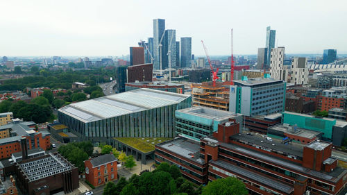 High angle view of buildings in city