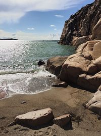 Rocks on beach against sky