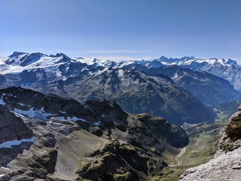 Scenic view of snowcapped mountains against clear sky