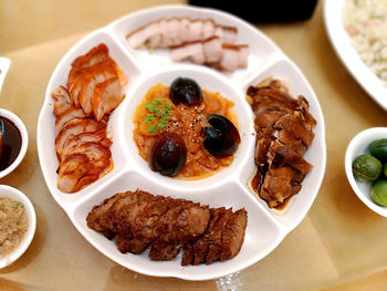 High angle view of food in plate on table