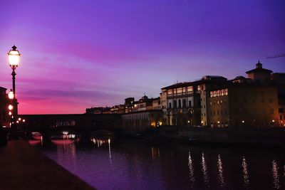 Illuminated buildings by river against sky at dusk