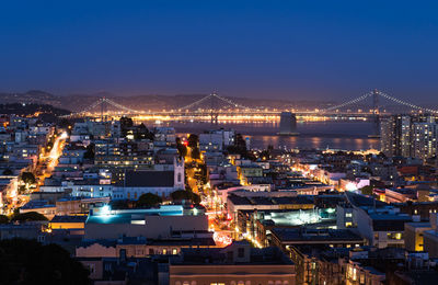 High angle view of illuminated city at night