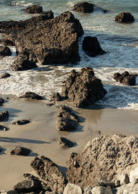 High angle view of rocks on beach