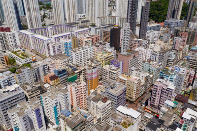 High angle view of modern buildings in city